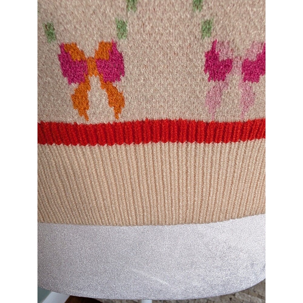 NWT Bow Print Coquette Artsy Cream Sweater Colorful Preppy - Picture 5 of 15